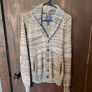 Men's Brown Grey Button-Up Sweater Cardigan Medium American Rag 100% Cotton